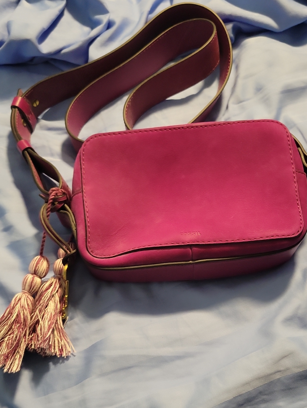 Fossil Hot Pink Leather Crossbody with Tassel Accent